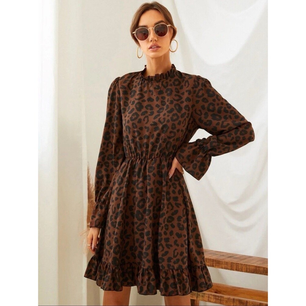 Women's Animal Print All Over Print Flounce Sleeve Ruffle Hem Dress Size M